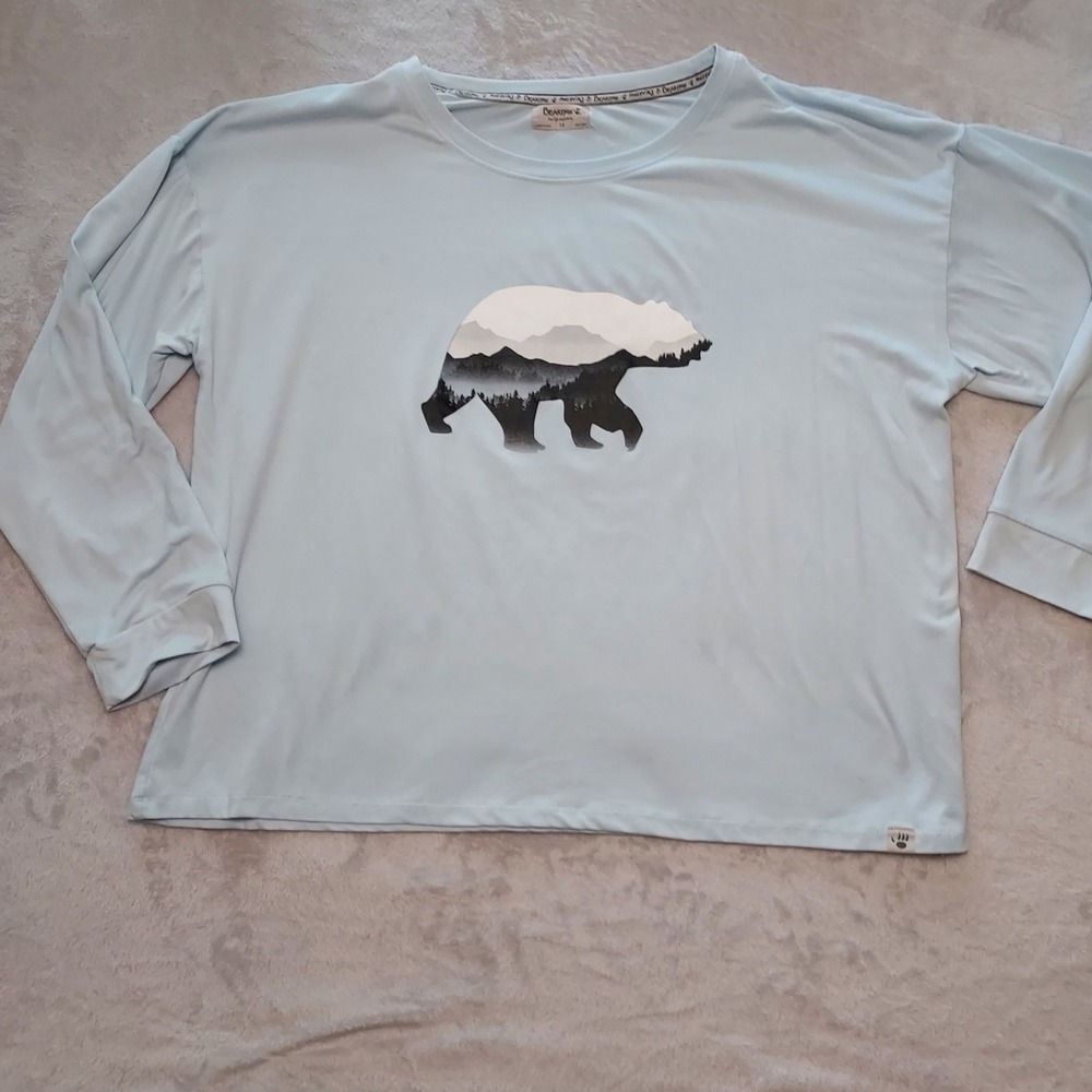 BearPaw Women's Pajama Sleep Top 1X Light Blue Mountain Forest Bear Graphic Soft